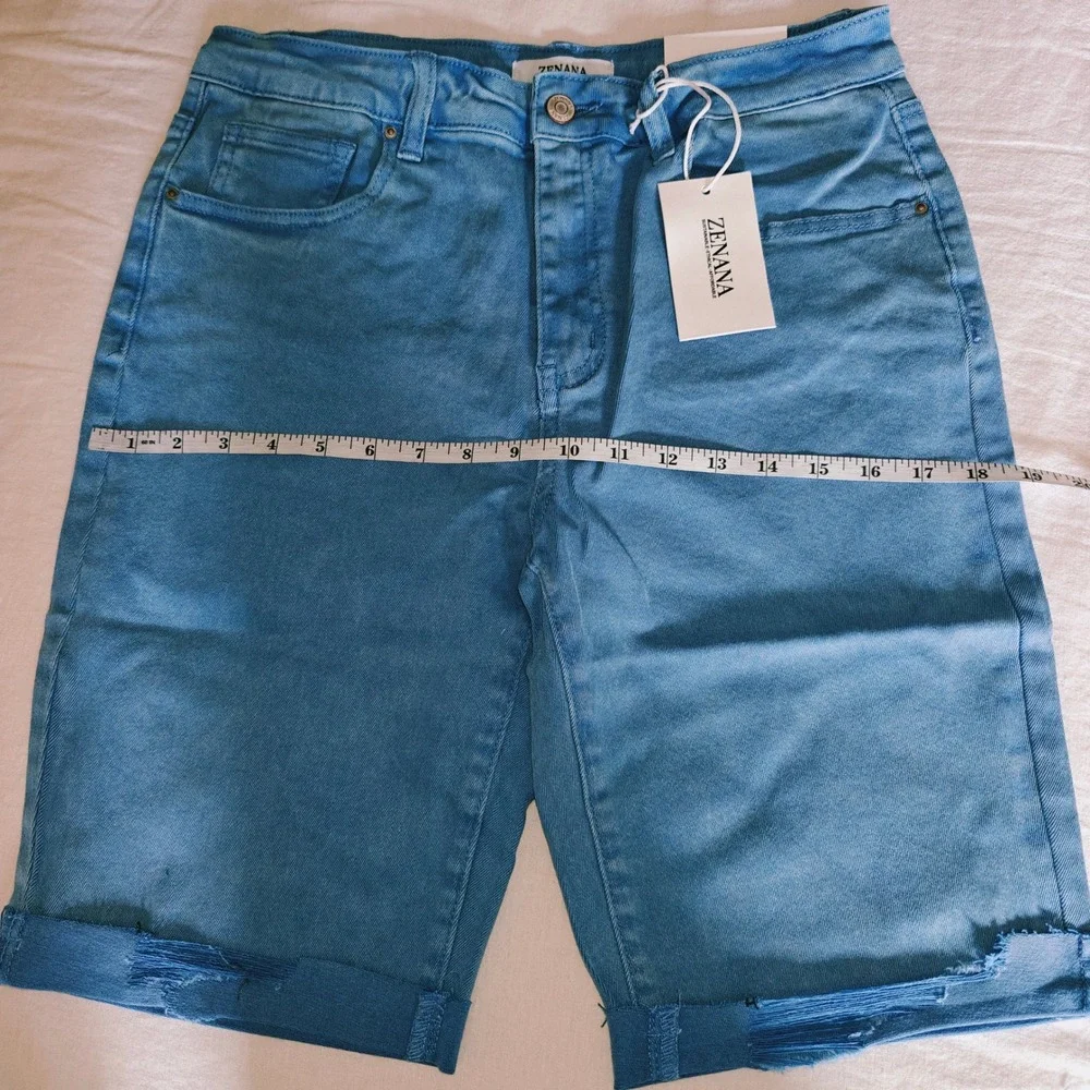 Zenana Acid Wash Dyed Bermuda Distressed Shorts DMP-1892Y Ocean Blue Large